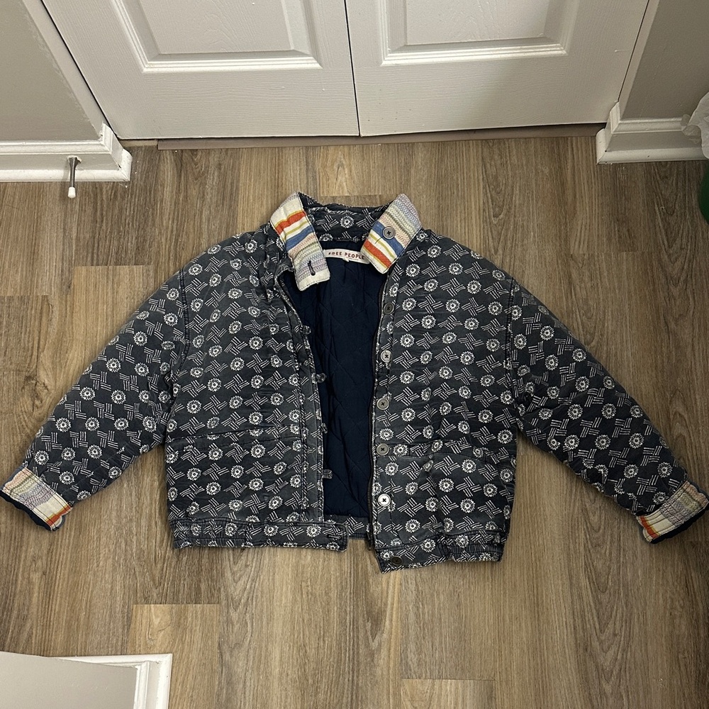 Free People Navy Patterned Puffer Jacket